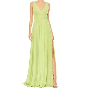 Mac Duggal Green Chiffon Sleeveless Wrap Over A Line Gown in Lime Womens Size 16